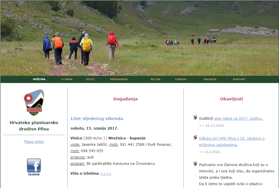 Web stranica planinarske sekcije